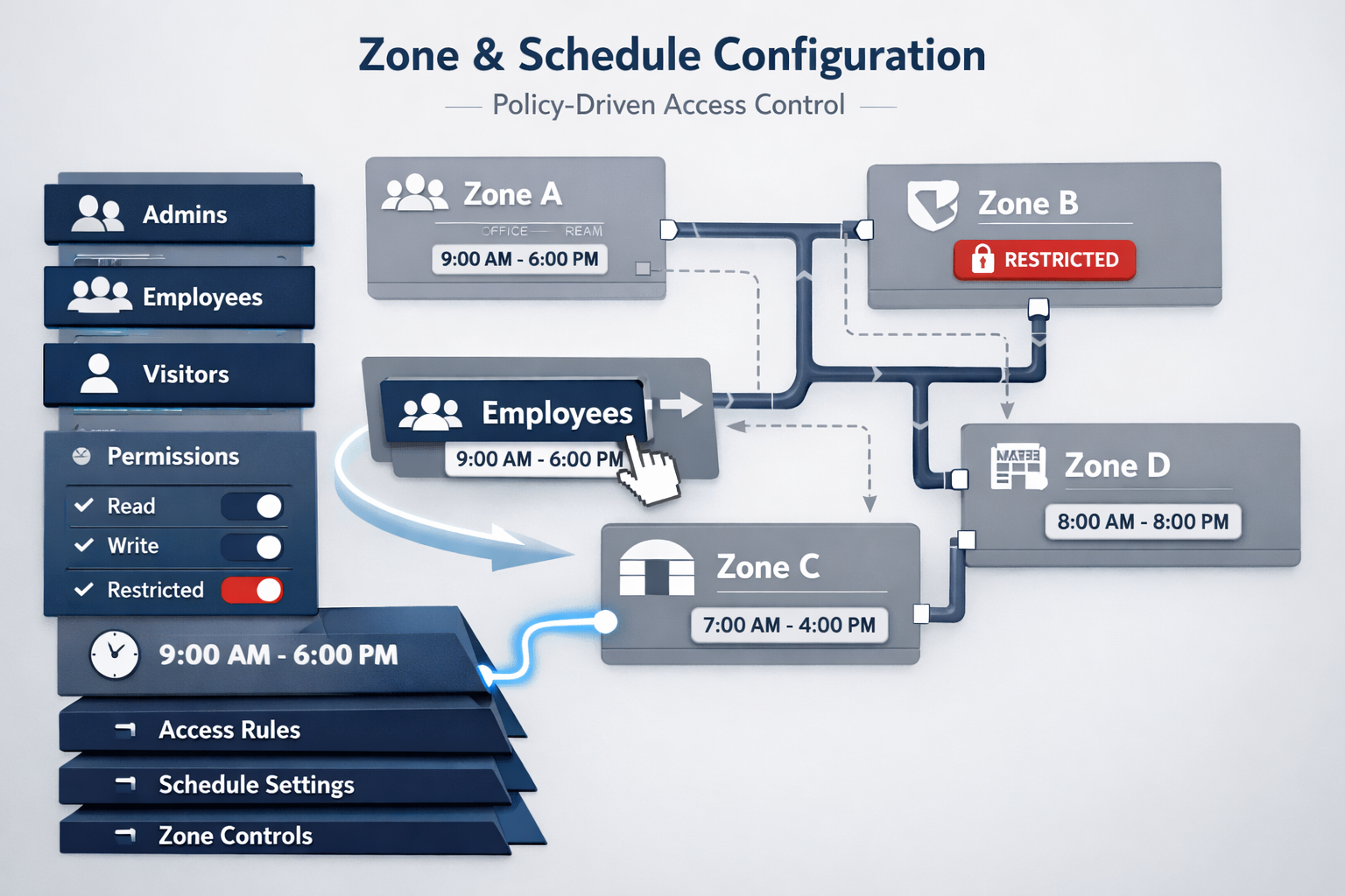 Access control software for zone and schedule configuration