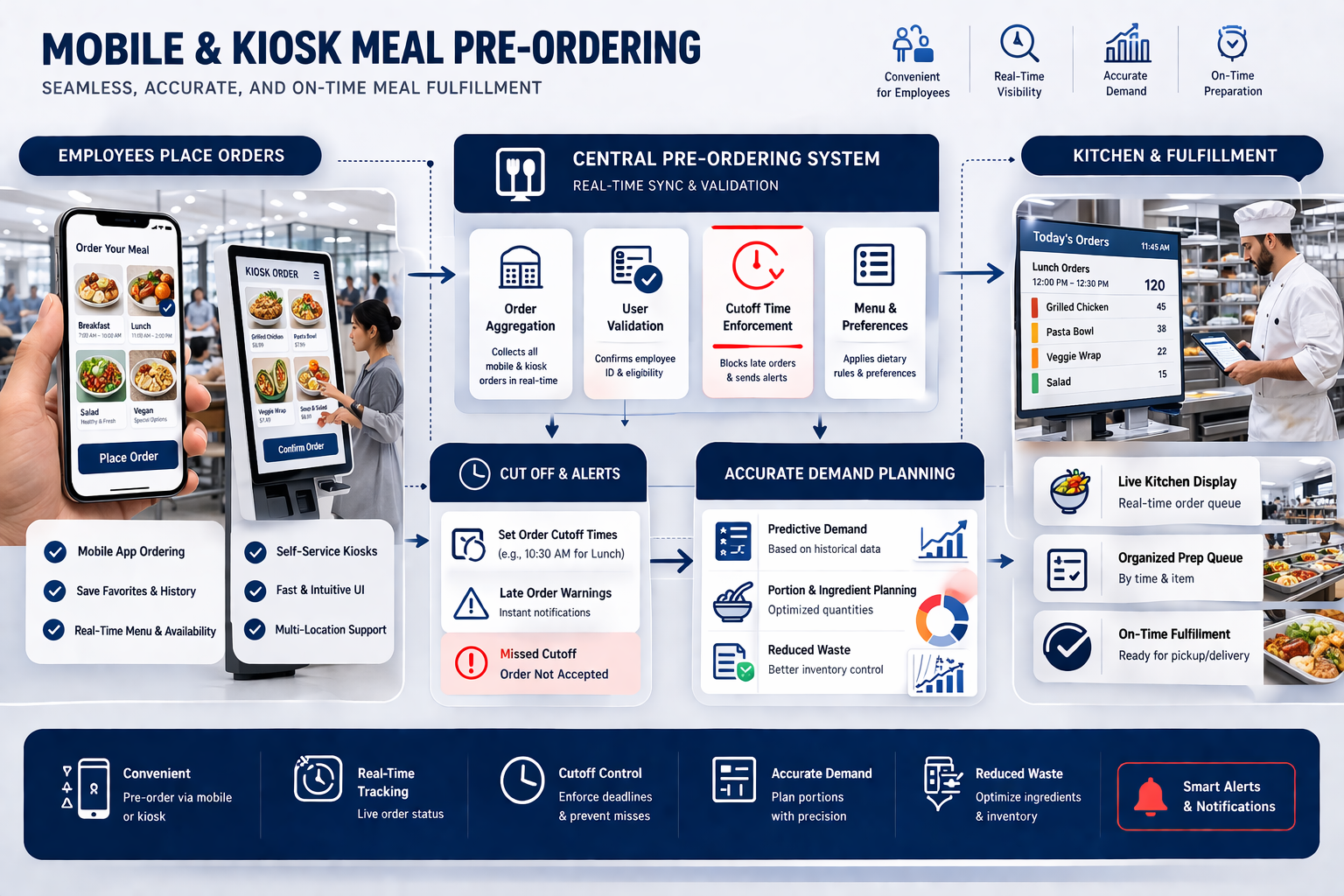 Canteen management system for mobile and kiosk meal pre-ordering