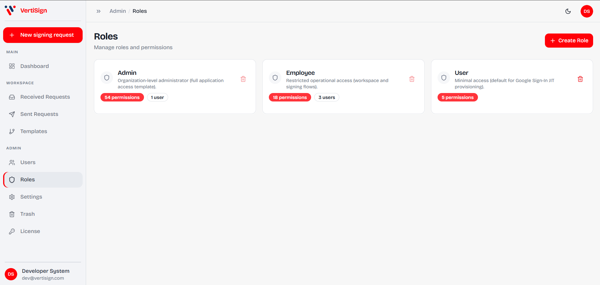 VertiSign admin RBAC and system settings for enterprise governance